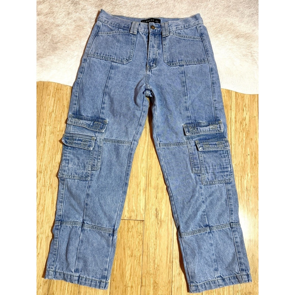 LIONESS The Stacey Jeans Denim Blue Size Large Cargo Preppy‎ Wide Streetwear
